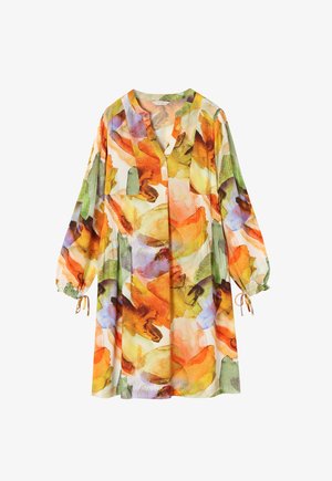 Lille lillekleit, millel on mitmevärviline akvarellimuster oranži, rohelise ja lillaga, nööpidega kaelus ja kogutud varrukad.