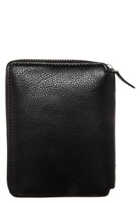 Portafoglio nero in pelle con superficie texture, forma rettangolare, chiusura a zip nella parte superiore e cuciture visibili lungo i bordi.
