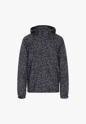 Let jakke med hætte, der har en mørk baggrund med flerfarvede bladmønstre, elastiske manchetter og sidelommer med lynlås.