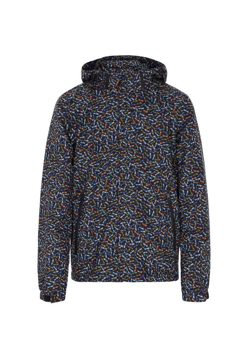 Let jakke med hætte, der har en mørk baggrund med flerfarvede bladmønstre, elastiske manchetter og sidelommer med lynlås.