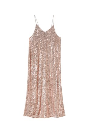 Roze-gouden pailletten slipdress met dunne bandjes, een rechte snit en een reflecterende textuur, die een schitterend ontwerp over de hele oppervlakte laat zien.