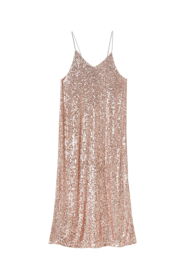 Růžově zlaté flitrové šaty na ramínka s tenkými popruhy, rovného střihu a reflexní texturou, které představují třpytivý design po celém povrchu.