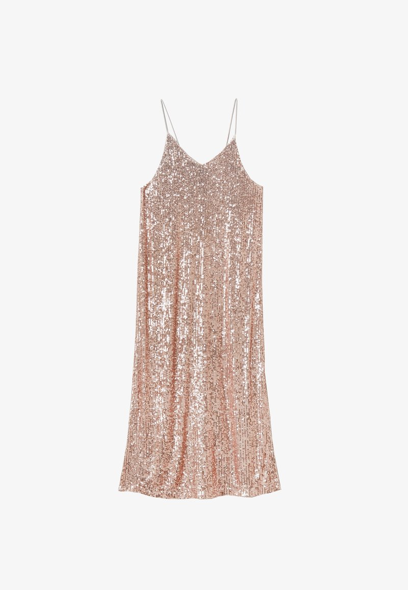 Růžově zlaté flitrové šaty na ramínka s tenkými popruhy, rovného střihu a reflexní texturou, které představují třpytivý design po celém povrchu.