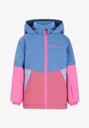 Kleurrijke jas met een ontwerp van blauwe, roze en lichtblauwe panelen. Lichtgewicht materiaal met een ritssluiting aan de voorkant en een verstelbare capuchon.