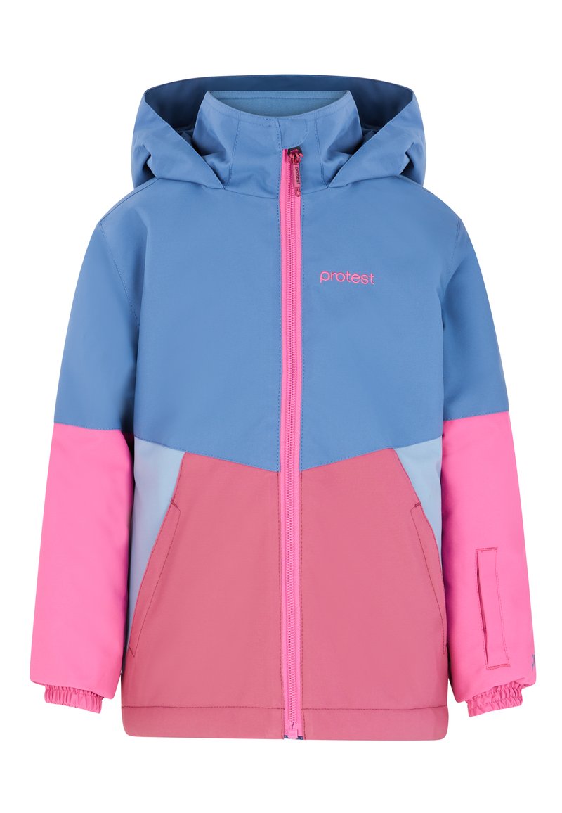 Giacca colorata con design a pannelli blu, rosa e azzurro. Materiale leggero con zip frontale e cappuccio regolabile.