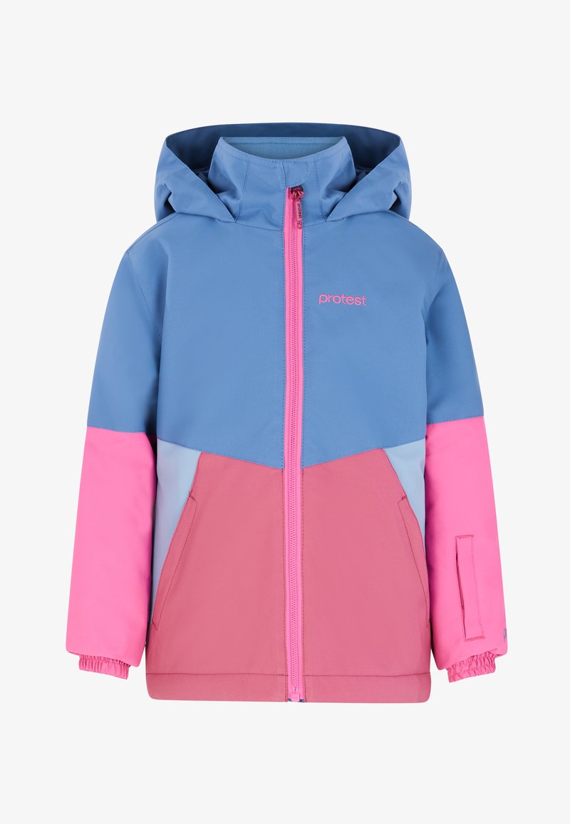 Giacca colorata con design a pannelli blu, rosa e azzurro. Materiale leggero con zip frontale e cappuccio regolabile.