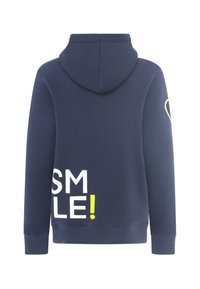 Marineblauer Kapuzenpullover aus Baumwollmischung, mit einem auffälligen "SMILE!"-Druck in Weiß und leuchtendem Gelb. Mit Kordelzugkapuze und gerippten Bündchen.