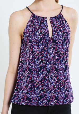 Mooie mouwloze top in donkerblauw met kleurrijke bloemen. Heeft een sleufhals en dunne schouderbandjes. Lichtgewicht, zachte stof, comfortabele pasvorm.