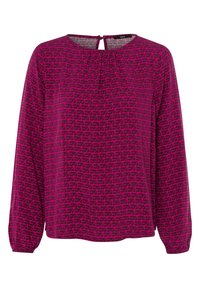Blouse fuchsia à manches longues, présentant un motif géométrique dans des teintes plus sombres. Fermeture au dos en forme de trou de serrure et détail froncé au niveau du col.
