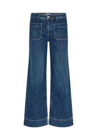 Široke traperice u tamnoplavoj denim boji, s klasičnim dizajnom od pet džepova, izbljedjelom teksturom i šivenim rubnim detaljima.