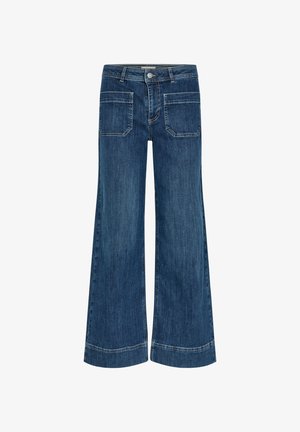 Široke kavbojke v temno modrem denimu, ki imajo klasičen pet-pocket dizajn, zbledel videz in šivane robne detajle.