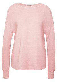 Pull en maille rose pâle à manches longues avec un col rond et des poignets côtelés, conçu pour une coupe décontractée.