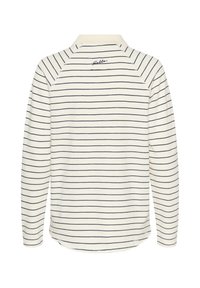 Polo a maniche lunghe color crema con strisce blu navy, dotata di collo a camicia e piccola scritta ricamata "Hello" sul retro. Tessuto dalla texture soffice.