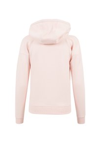 Rózsaszín pulóver húzózsinóros kapucnival, hosszú ujjakkal, bordázott mandzsettákkal és szegéllyel. Simább anyagú, mintázat vagy díszítés nélküli felület.