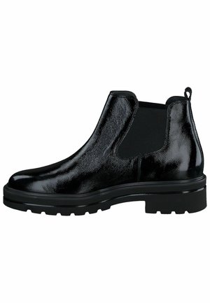 Botas de tobillo de cuero negro con un acabado brillante, paneles laterales elásticos, tacón reforzado y suela de goma texturizada para mayor tracción.