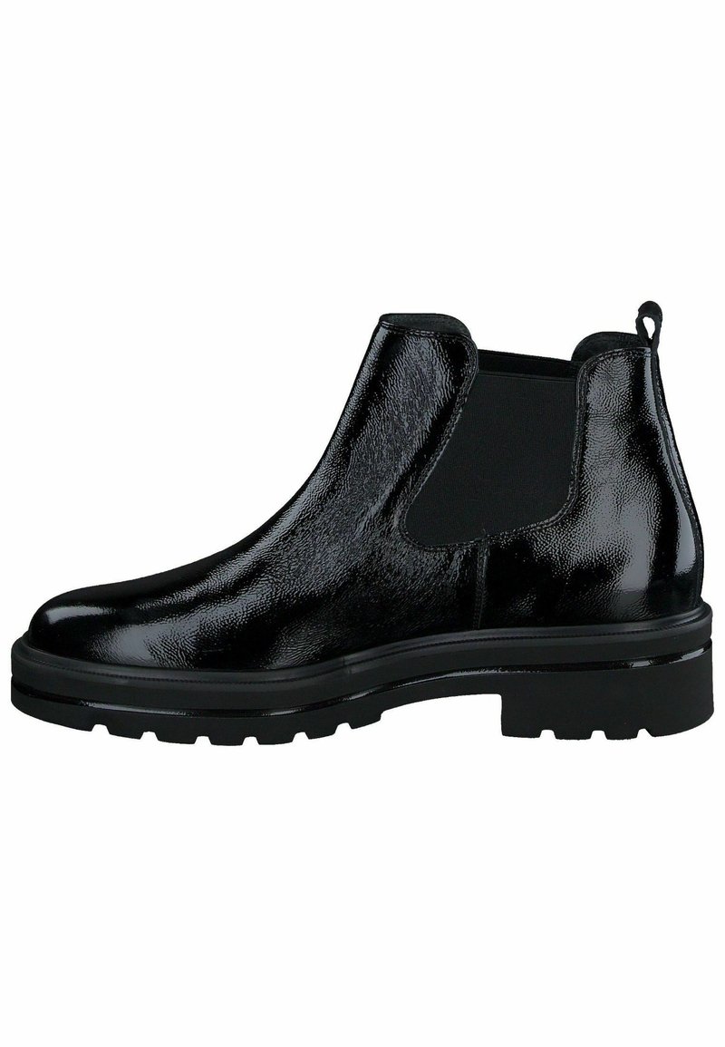 Bottines en cuir noir avec une finition brillante, panneaux latéraux élastiques, talon renforcé et semelle en caoutchouc texturée pour l'adhérence.