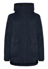 Veste d'hiver à capuche bleu marine foncé avec fermeture éclair frontale recouverte d'un rabat et deux poches avant à boutons.