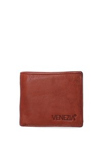 Brown leather wallet featuring a smooth texture, bi-fold design, and embossed "VENEZIA" logo on the front. Compact rectangular shape.
