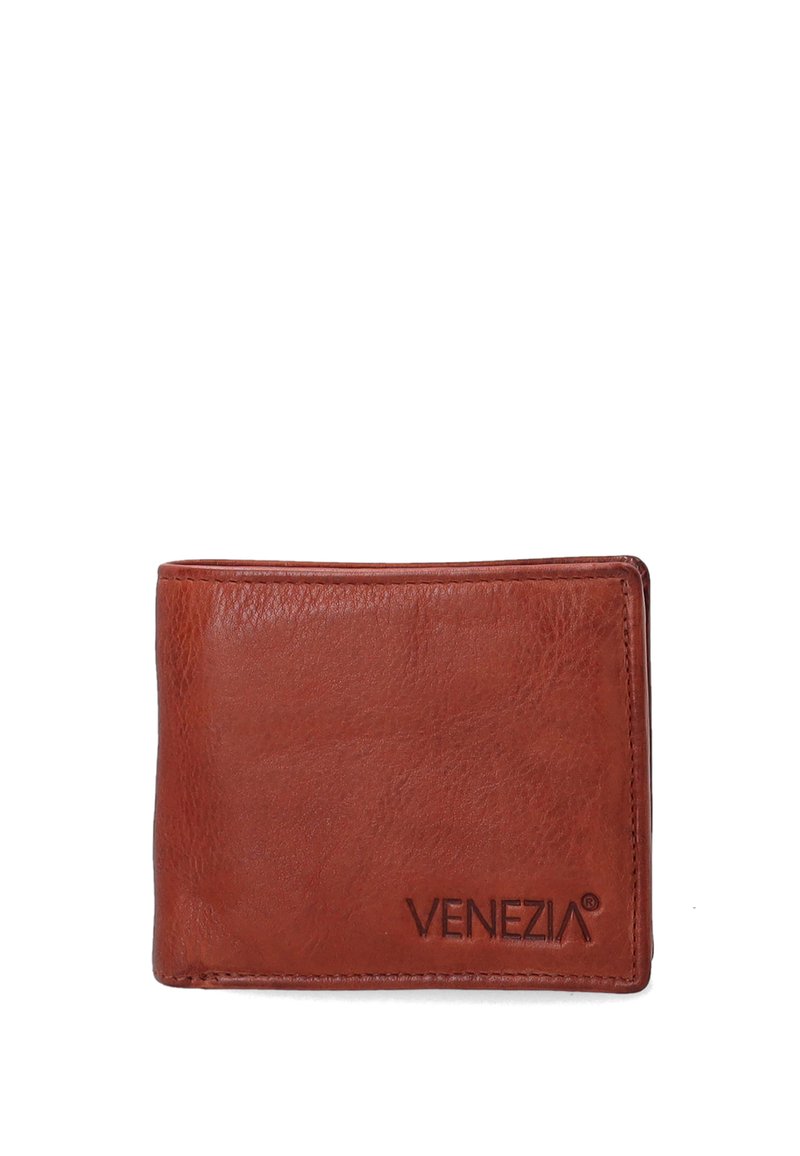 Brown leather wallet featuring a smooth texture, bi-fold design, and embossed "VENEZIA" logo on the front. Compact rectangular shape.