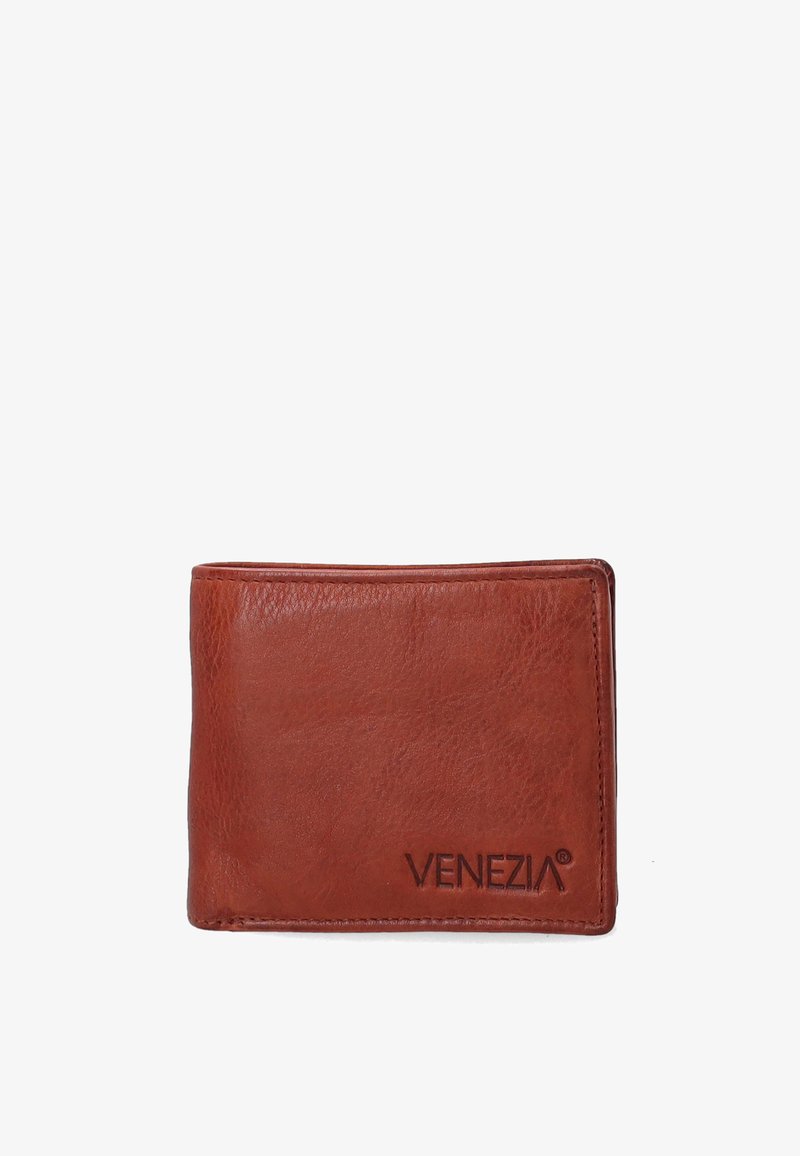 Brown leather wallet featuring a smooth texture, bi-fold design, and embossed "VENEZIA" logo on the front. Compact rectangular shape.