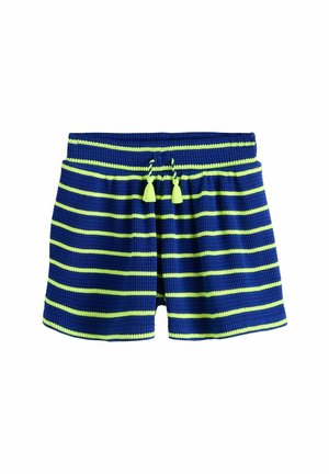 Modré a neónovo zelené pruhované pletené šortky s elastickým pásom a šnúrkami so strapcami v neónovo zelenej farbe.