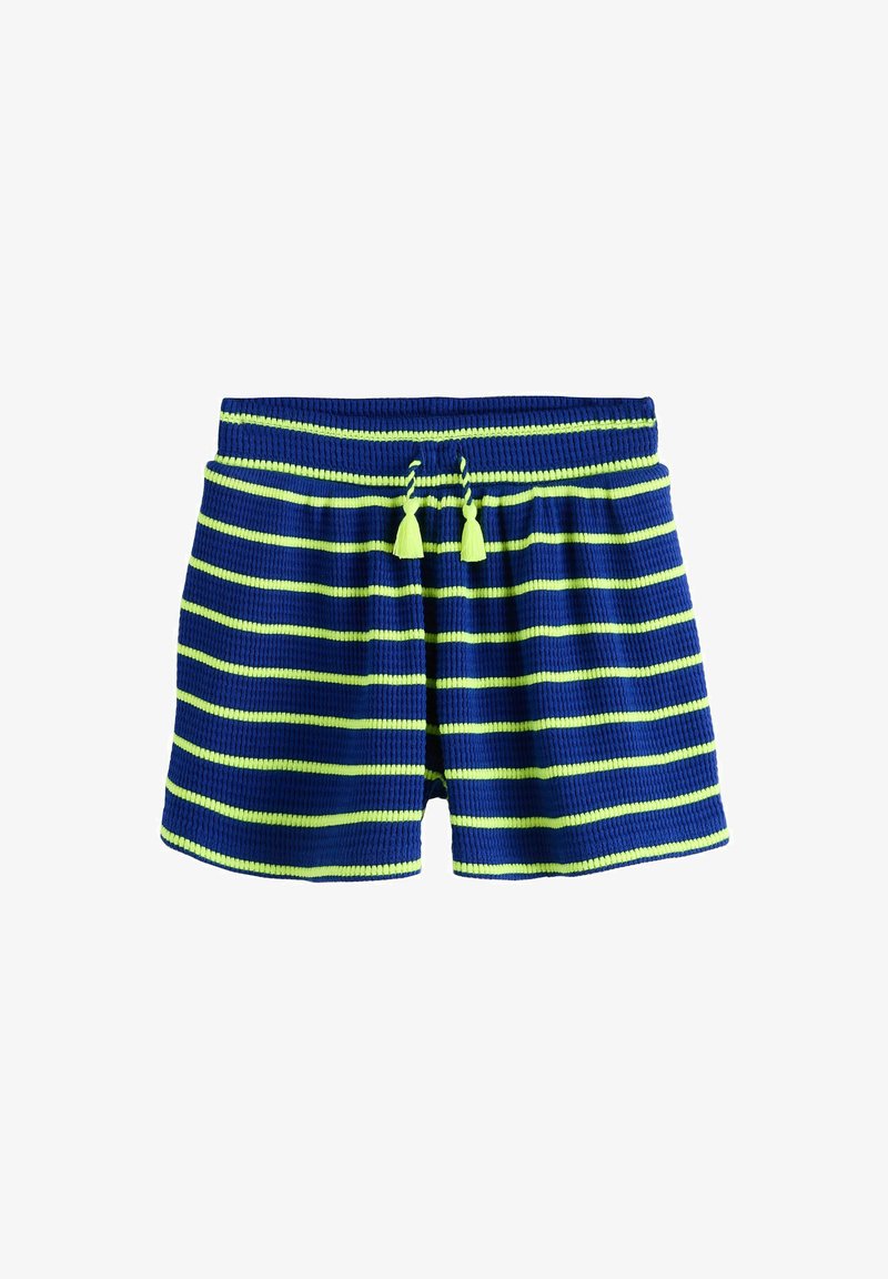 Shorts en maille à rayures bleues et vert néon avec taille élastique et cordons à pompons vert néon.