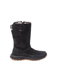 Bottes noires en suède jusqu'au genou avec une semelle en caoutchouc, dotées d'un détail de boucle sur le côté, et doublées pour la chaleur. Durables et conçues pour le confort.