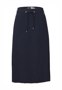 Gonna blu navy con vita elastica e chiusura con cordino, caratterizzata da una texture liscia e una silhouette dritta, adatta per un abbigliamento casual.