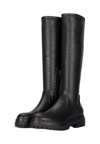 Botas negras hasta la rodilla con un patrón de piel de reptil texturizado, que cuentan con una cremallera lateral y una suela de goma negra resistente.