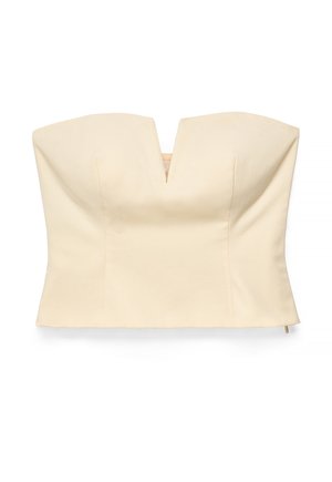 Crèmekleurige strapless bustiertop met een V-vormige inkeping aan de voorkant en gestructureerde naden voor een aansluitende pasvorm.
