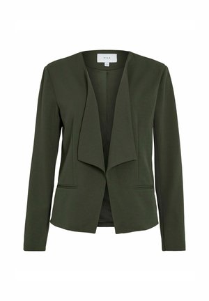 Olive zaļš bleizeris ar sakārtotu priekšpusi, garām piedurknēm un divām sānu kabatām. Izgatavots no gludas auduma, ar minimālistisku dizainu un bez pogām.