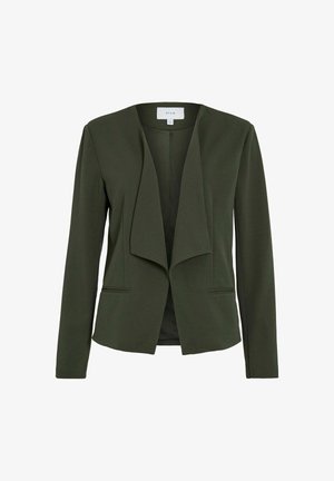 Alyvuogių žalia bleizeris su drapiruota priekiu, ilgomis rankovėmis ir dviem šoniniais kišenėmis. Pagamintas iš glotnaus audinio, turi minimalistinį dizainą ir be mygtukų.