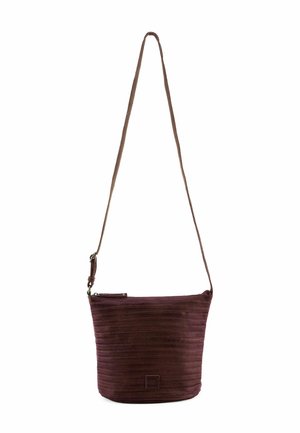 Lila Leder-Schultertasche mit einer glatten, strukturierten Oberfläche, ausgestattet mit einem Reißverschluss und einem verstellbaren Tragriemen für Vielseitigkeit.