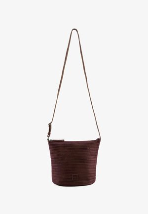 Lila Leder-Schultertasche mit einer glatten, strukturierten Oberfläche, ausgestattet mit einem Reißverschluss und einem verstellbaren Tragriemen für Vielseitigkeit.