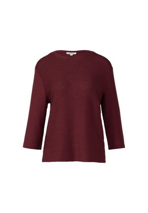 Bordeaux top met driekwartmouwen en een textuur, ribbelontwerp. Heeft een ronde halslijn en een ontspannen pasvorm voor comfort.