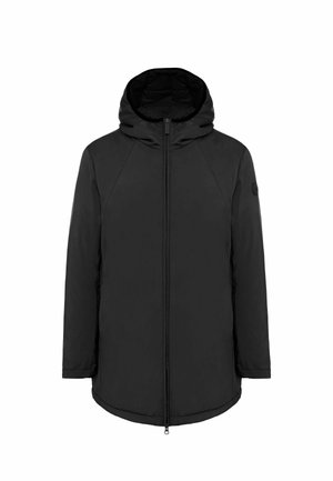 Schwarze Kapuzenjacke mit vollem Reißverschluss, aus glattem Material gefertigt, mit Raglanärmel und einem leicht längeren Rückensaum.
