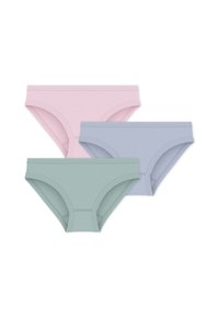 Τρία ζευγάρια βαμβακερά εσώρουχα σε παστέλ ροζ, απαλό γαλάζιο και μαλακό πράσινο. Το καθένα διαθέτει λεπτή ελαστική επένδυση και απλό, άνετο σχέδιο.
