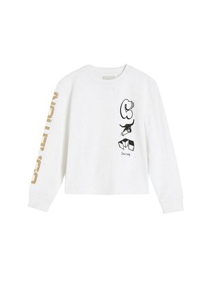 Biała koszula z długim rękawem z czarnymi nadrukami graficznymi z przodu i dużym beżowym napisem na prawym rękawie.