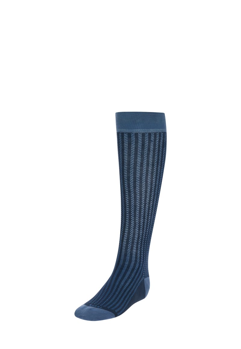 Viens tumši zils ceļgala augstuma zeķe ar vertikālām gaiši zilām chevron svītrām, vienkrāsains apmale, papēža un pirkstu daļas.