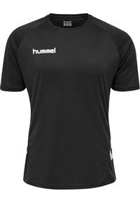 Czarna sportowa koszulka z krótkim rękawem z białym logo "hummel" na piersi oraz kontrastowymi wzorami w kształcie szewronów po bokach.