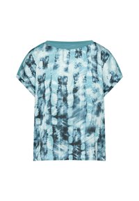 Koszulka z krótkim rękawem w niebieskim wzorze tie-dye z odcieniami jasnoniebieskiego i czarnego. Wykonana z bawełny, luźny krój, okrągły dekolt.