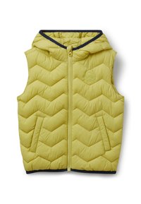 Světlá zelená vyp padded bezrukávová bunda s kapucí, předním zipem, bočními kapsami a vyšívaným logem na hrudi, vystavená na bílém pozadí.