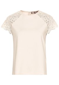 Crèmekleurige top met kanten kapmouwtjes, ronde halslijn en een detail met ritssluiting aan de achterkant, gemaakt van gladde stof met een zachte textuur.