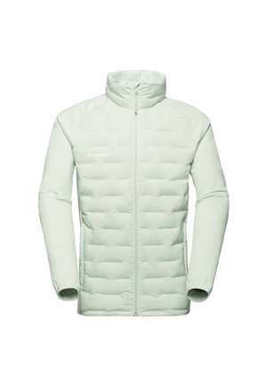 Licht mintgroene pufferjack met een hoge kraag, volledige ritssluiting, gestructureerde panelen en een slim fit. Beschikt over een logo op de linkerborst en een zachte stof.