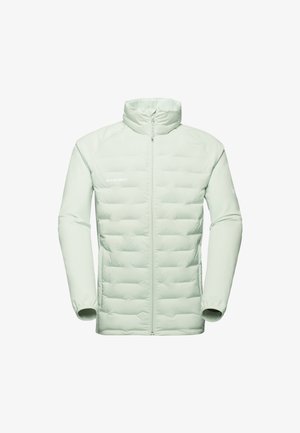 Helles mintgrünes, gepolstertes Jackett mit hohem Kragen, durchgehendem Reißverschluss, strukturierten Einsätzen und figurbetontem Schnitt. Mit Logo auf der linken Brust und glattem Stoff.