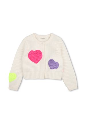 Witte gebreide cardigan met drie getextureerde harten in het roze, paars en geel, met lange mouwen en een ronde hals.