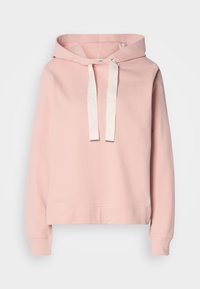 Felpa con cappuccio rosa, con cordini bianchi, polsini a costine e vestibilità morbida. Realizzata in tessuto morbido con una superficie liscia.