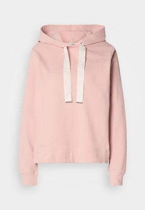 Sweat à capuche rose avec cordons blancs, poignets côtelés et coupe décontractée. Fabriqué en tissu doux avec une texture lisse.
