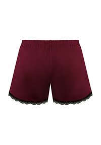 Bordowe szorty wykonane z gładkiego materiału, zdobione czarną koronkową lamówką na dolnej krawędzi oraz elastycznym pasem dla wygody.