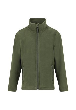 Olivgrüne Fleecejacke mit hohem Kragen, vollem Reißverschluss vorne und zwei Seitentaschen. Weicher Stoff mit minimalistischem Design und ohne Muster.